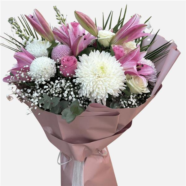 Pembe Lilyum ve Krizantem Karışık Buket – Canlı Çiçek