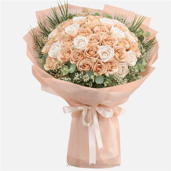 Somon & Beyaz Güllü Yapay Buket – Soft Premium Tasarım